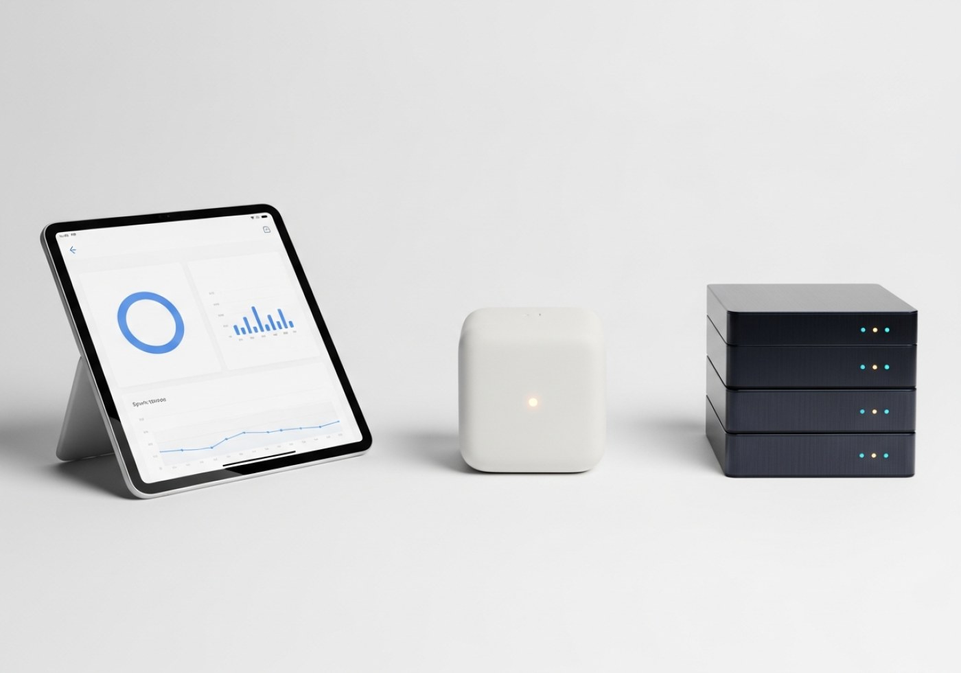 Isometric illustration of OYAYTECH's AI-powered services — dashboard, chatbot, servers, storefront